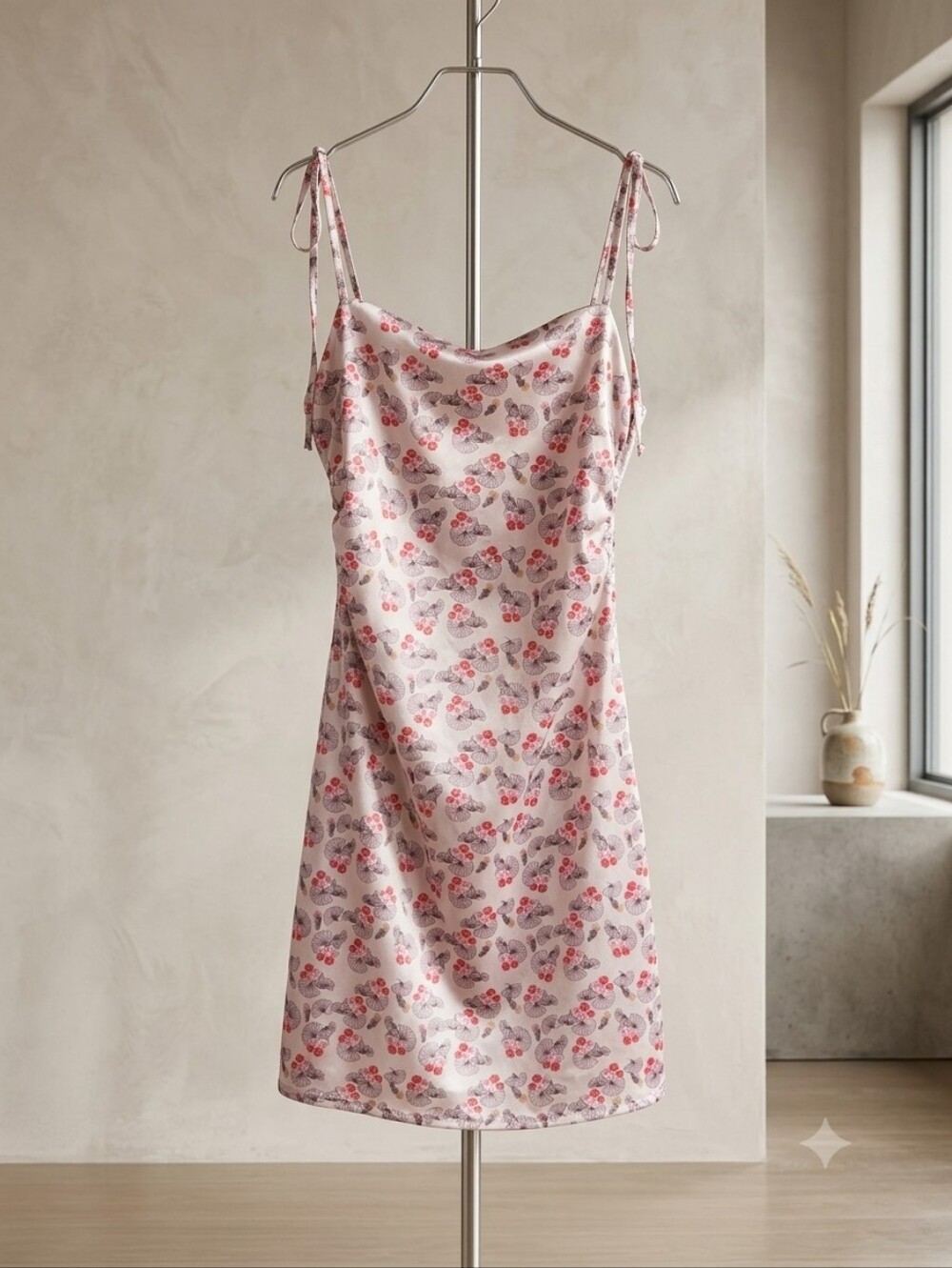 Urban Outfitters Pink Cherry-Print Satin Slip Dress